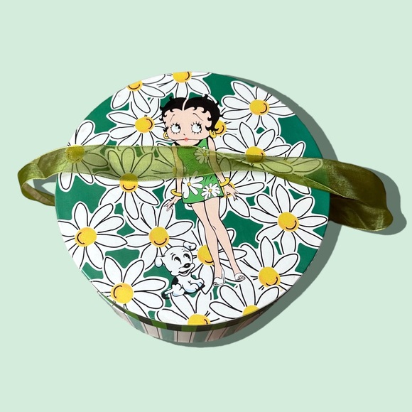 Vintage Betty Boop Green Stripe Daisy Round Paper Storage Box W/Ribbon Handle - Picture 3 of 7